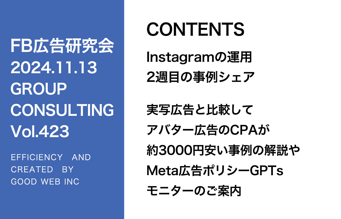 第423回 実写広告と比較してアバター広告のCPAが約3000円安い事例の解説やMeta広告ポリシーGPTsモニターのご案内